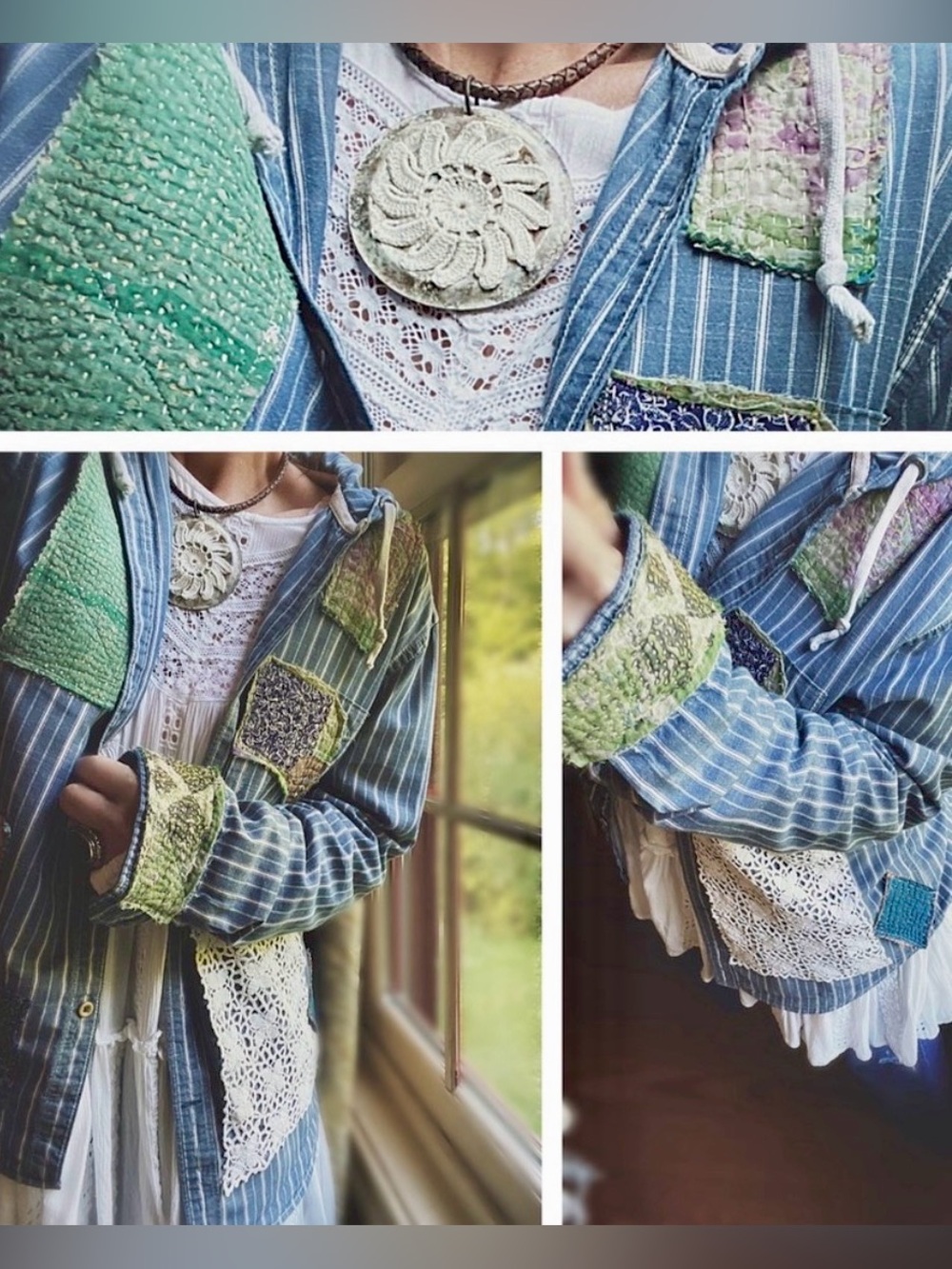 Button-Down Shirt with Vintage Patchwork ptp 22” length 28”. Cool Hoodie